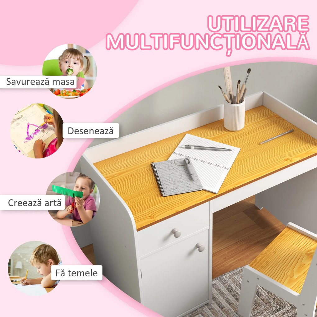 Masa de birou ZONEKIZ pentru copii cu scaun, birou de scoală pentru copii de 3-6 ani din lemn cu sertar si scaun asortat, alb | Aosom Romania