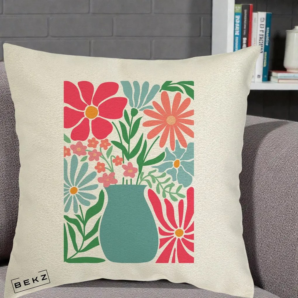 Perna Decorativa Flori in Vaza Turcoaz, 40x40 cm, Ecru, Husa Detasabila, Perna Inclusa, BEKZ®