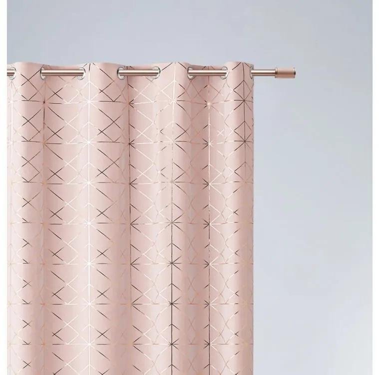 Draperie elegantă roz pudrat cu inele și model auriu delicat 140x260 cm