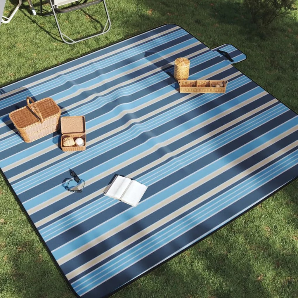 Patura picnic pliabila, dungi albastre alb, 200x200 cm catifea