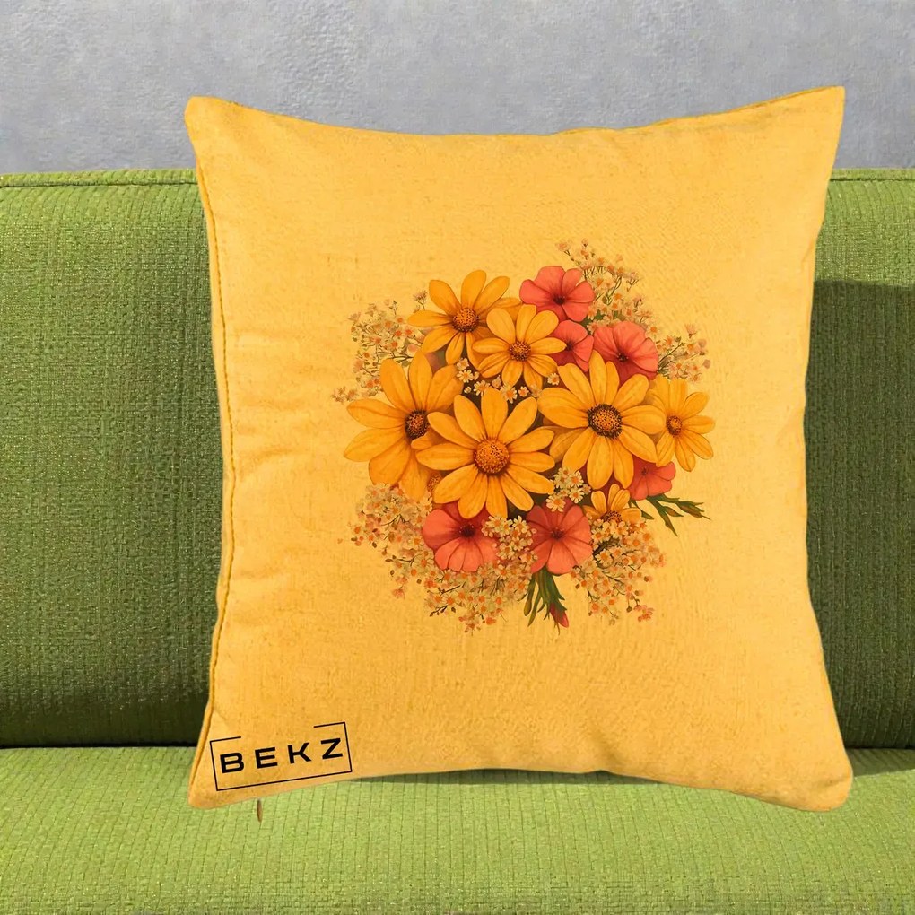 Perna Decorativa Floarea-Soarelui cu Cosmos Roz si Gypsophila, 40x40 cm, Galben, Husa Detasabila, Perna Inclusa, BEKZ®