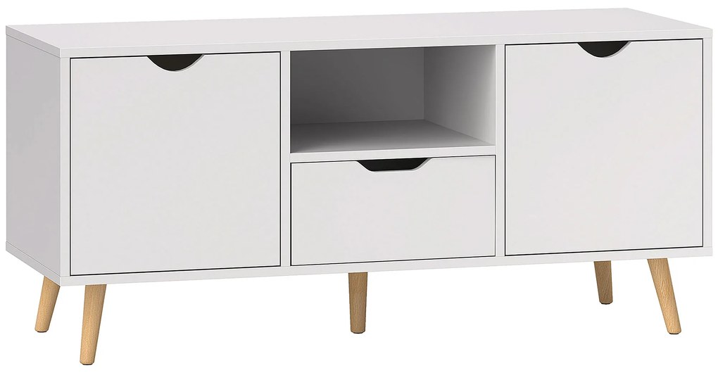 HOMCOM Mobilier TV de 50" cu Sertar, Raft Deschis și 2 Dulapuri, Mobilier TV cu 5 Picioare din Lemn, 110x40x50 cm, Alb | Aosom Romania