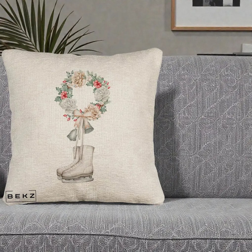 Perna Decorativa Patine cu Coroana Florala de Craciun, 40x40 cm, Bej Canapea, Husa Detasabila, Perna Inclusa, BEKZ®