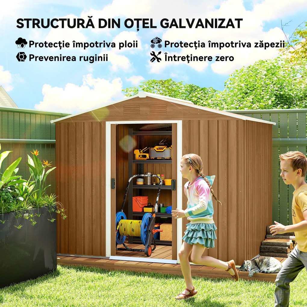 Outsunny Casută de Grădină, Magazie de Exterior pentru Unelte cu 2 Uși Culisante și 4 Prize de Aerisire, 236x174x190 cm, Gri | Aosom Romania