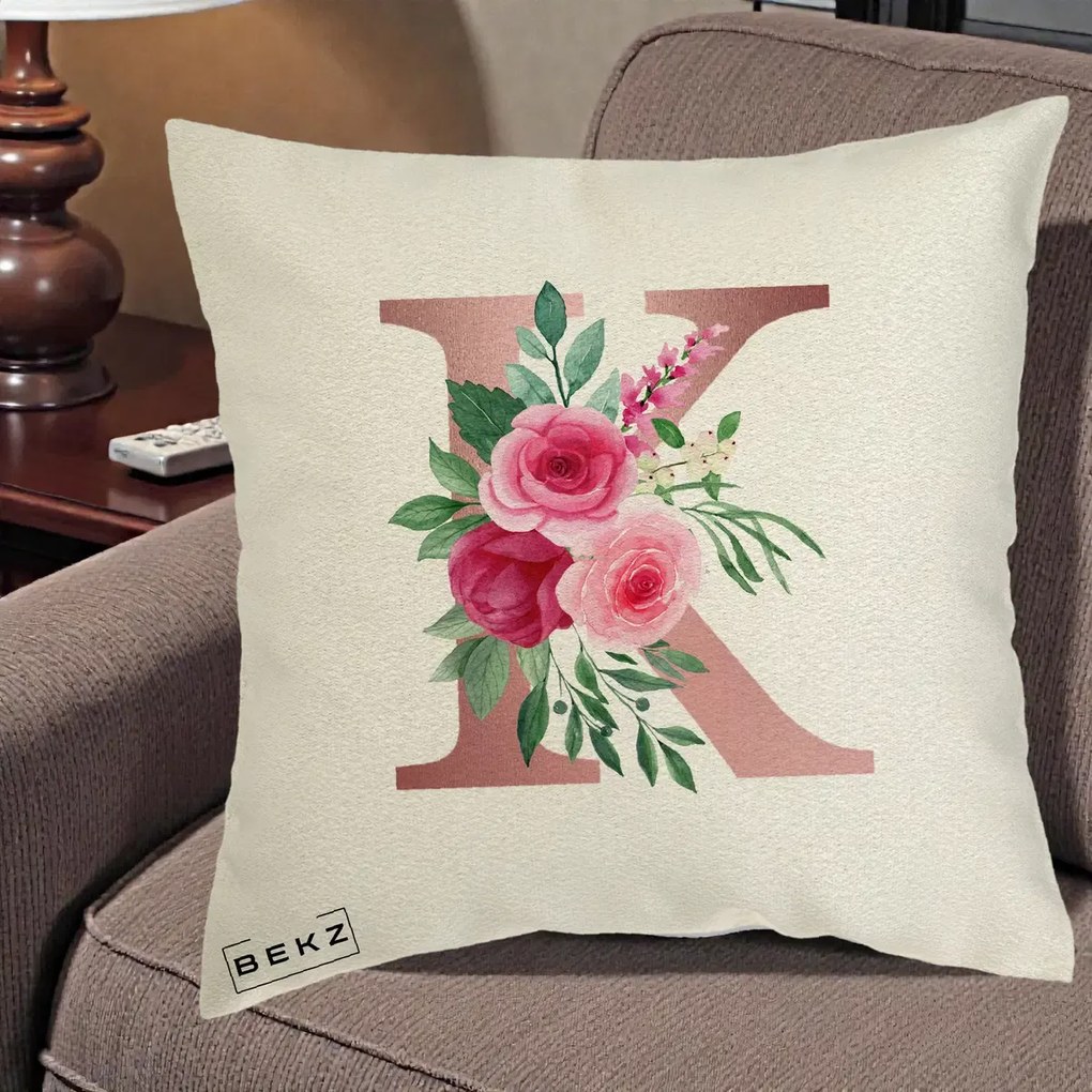 Cadou Personalizat - Perna Personalizata Monograma Rose Gold Litera K, 40x40 cm, Ecru, Husa Detasabila, Perna Inclusa, BEKZ®