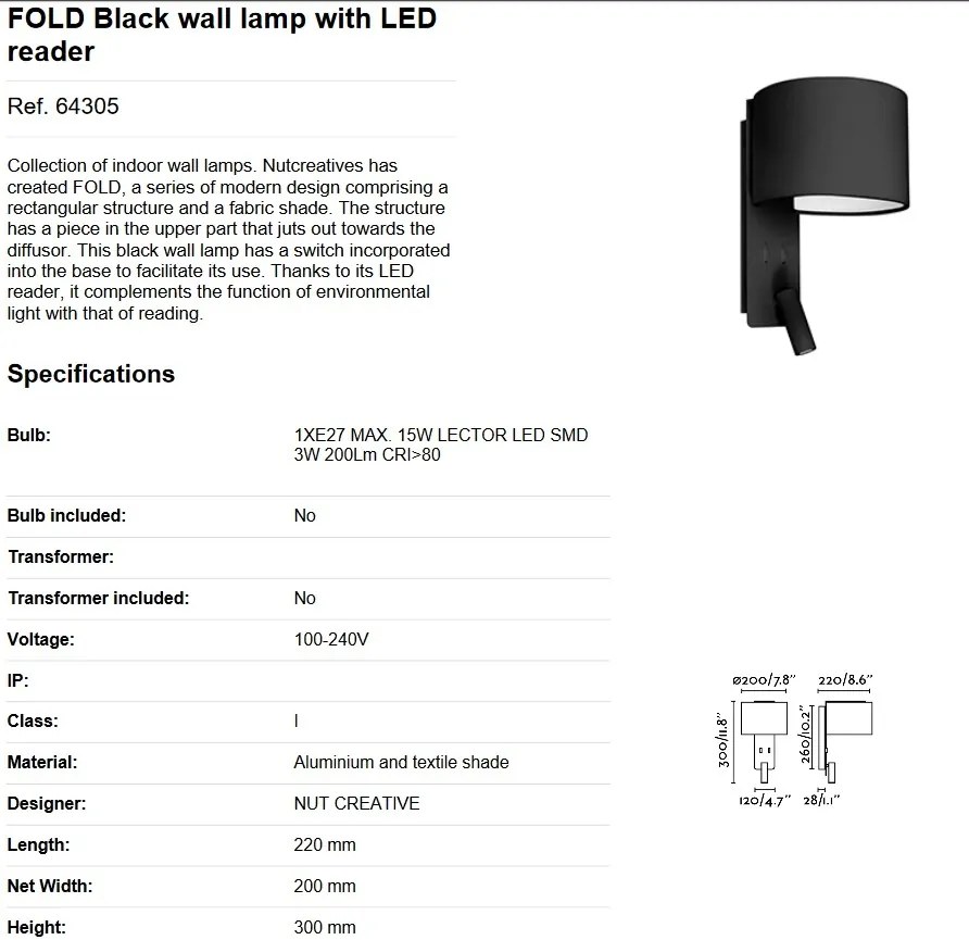 Aplica moderna cu reader LED FOLD Black 64305
