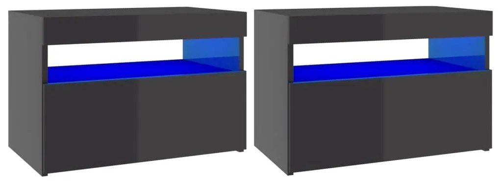 3082791 vidaXL Noptiere cu lumini LED, 2 buc., gri extralucios, 60x35x40 cm