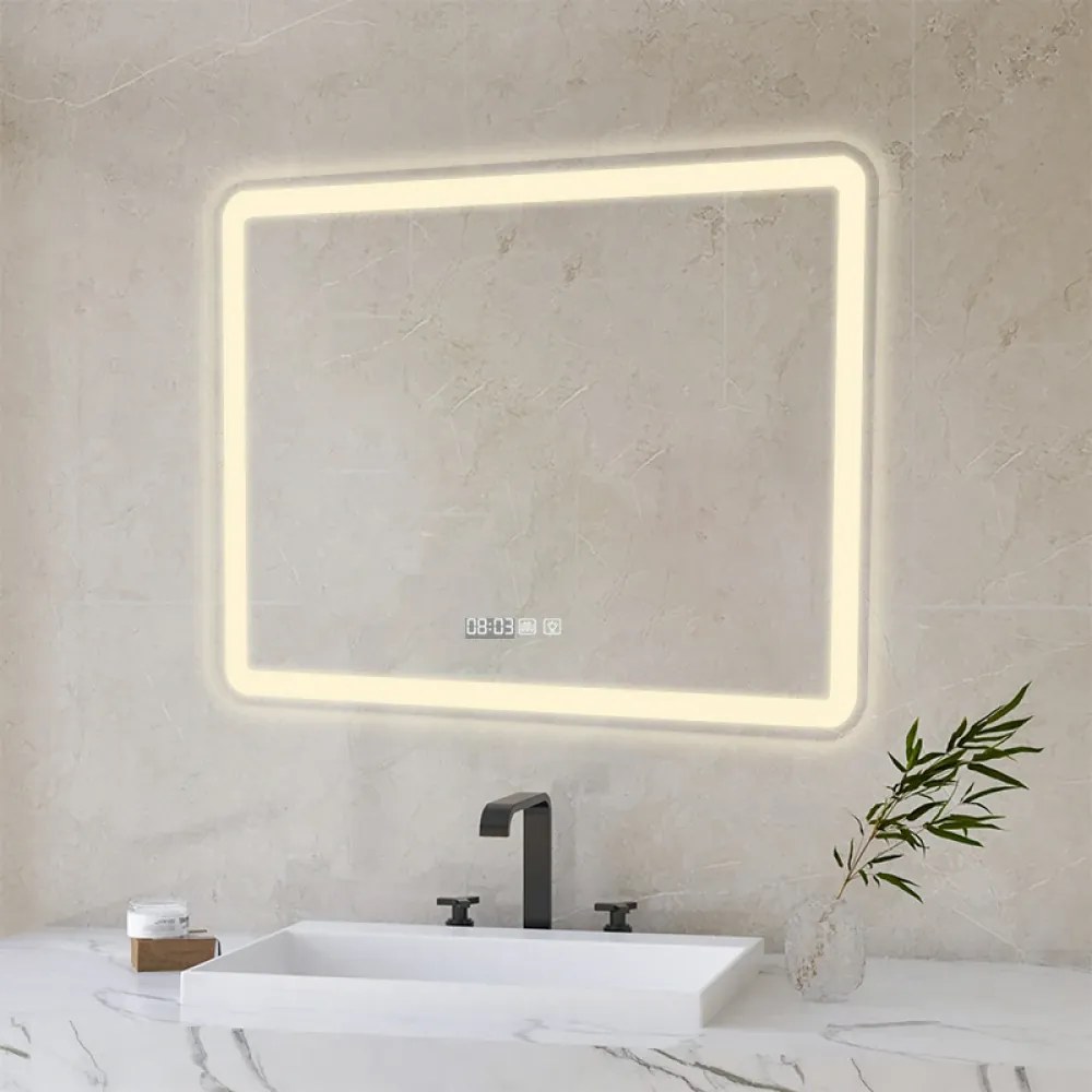Oglindă baie, Multifuncțională, Iluminare LED Touch, Sistem Dezaburire, Ceas electronic încorporat, Indicator Temperatura, 100x70 cm