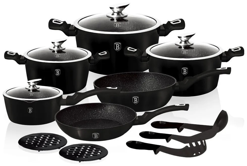 Set oale si tigai marmorate 15 piese, cu capace, antiaderente, cu ustensile de bucatarie, Flameguard Line Berlinger Haus BH 1474N