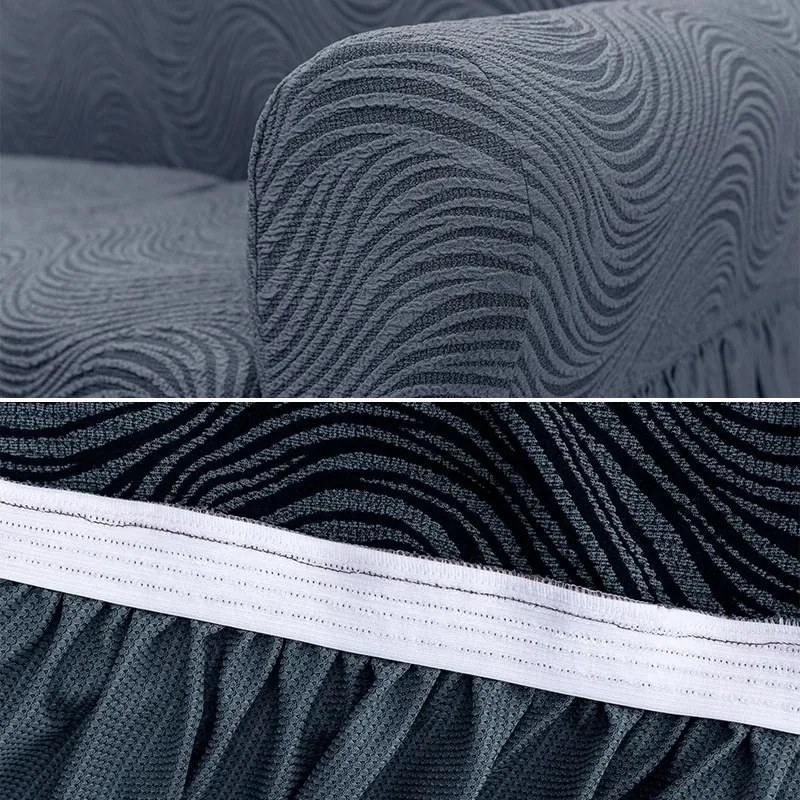 Set huse elastice pentru canapea 3 Locuri si 2 fotolii, cu volanas, model Jacquard Cenusiu in dungi