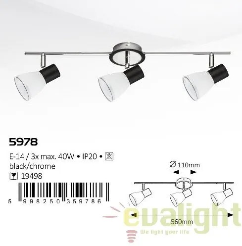 Plafoniera cu 3 spoturi, design modern, finisaj negru/crom, Ati 5978 RX