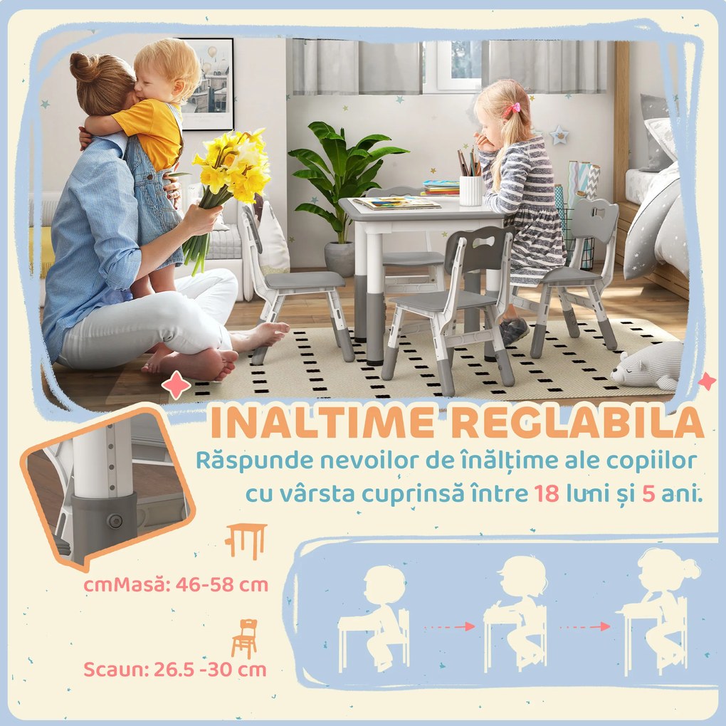 AIYAPLAY Set Masă și Scaune pentru copii 18-60 Luni cu Înălțime Reglabilă și Tablă de Scris, 60x60x46-58 cm, Gri | Aosom Romania