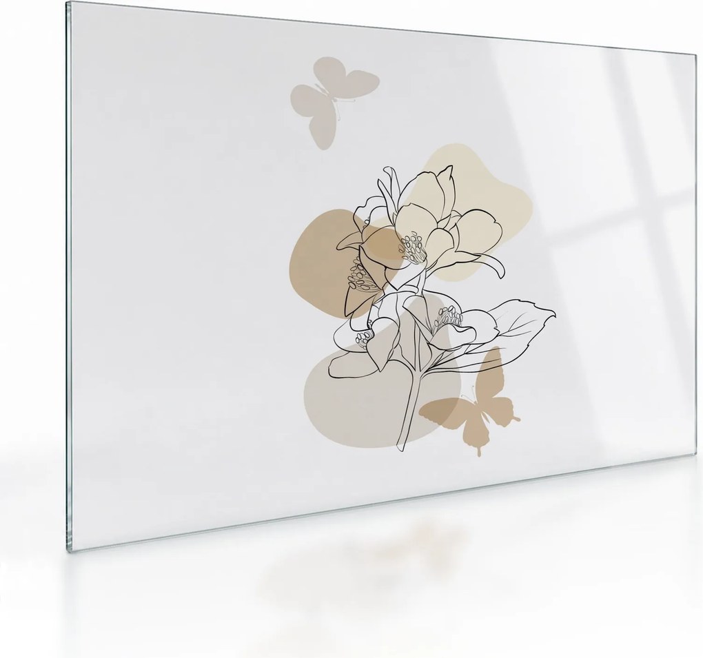 Tablou pe sticlă - Flori bej cu fluture N⁰1 (70x50 cm)