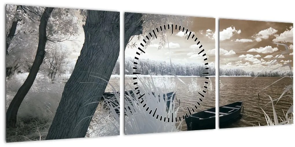 Tablou cu barca pe lac (cu ceas) (90x30 cm)