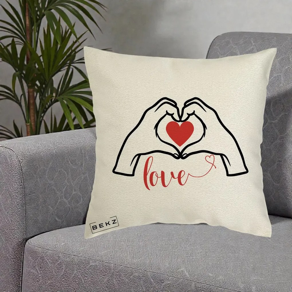 Perna Decorativa Love Maini Inima cu Inscriptie Love Rosu, 40x40 cm, Ecru, Husa Detasabila, Perna Inclusa, BEKZ®