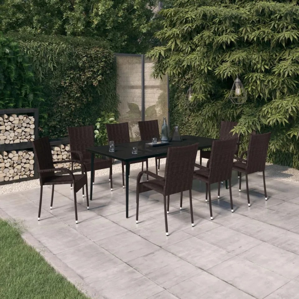 Set mobilier de grădină, 9 piese, maro și negru