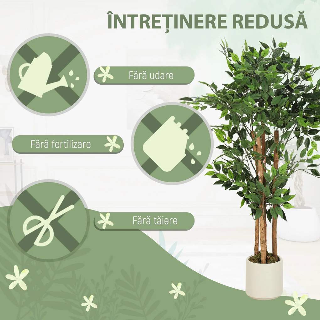 HOMCOM Plantă Artificială Banian 120 cm, cu Trunchi din Lemn Masiv și Ghiveci pentru Interior, Verde | Aosom Romania