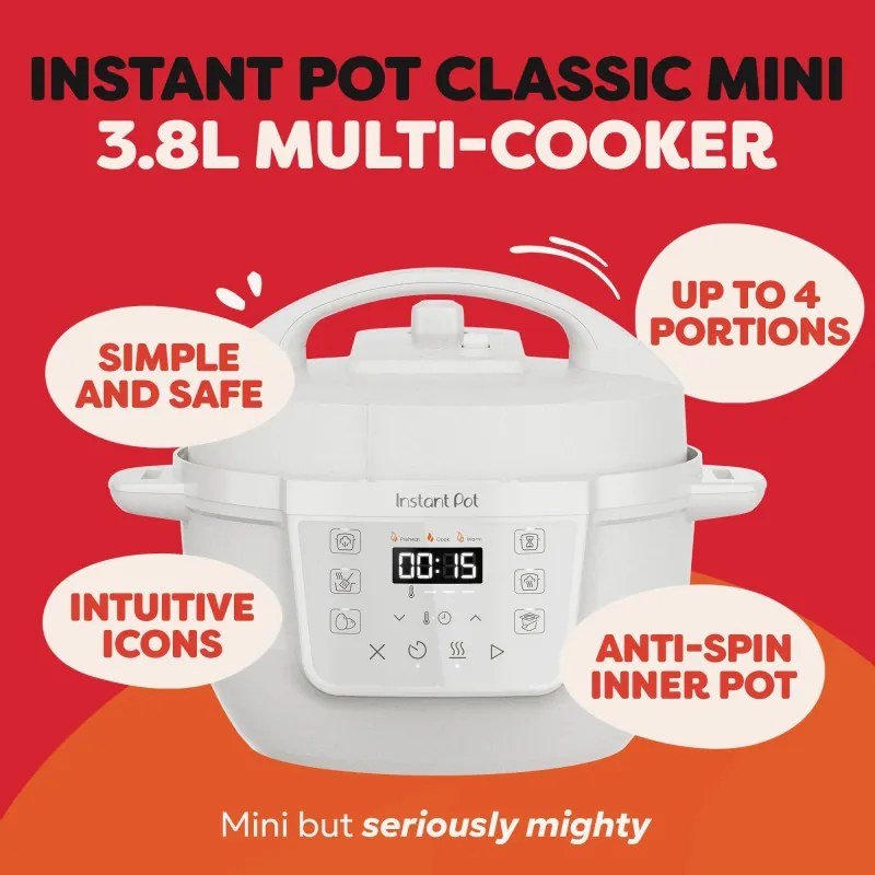 Resigilat: Multicooker Instant Pot Classic Mini 140800801, 800 W, 3,8 l, 7 programe, Butoane „Favorite”, Ecran LCD, Otel inoxidabil, Alb