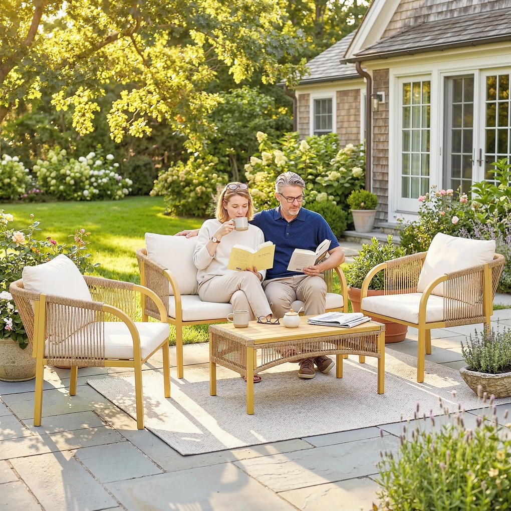 Outsunny Set mobilier de grădină exterior 4 piese cu canapea 2 fotolii masă perne, oțel rășină împletită, 120x72x73cm, Kaki | Aosom Romania