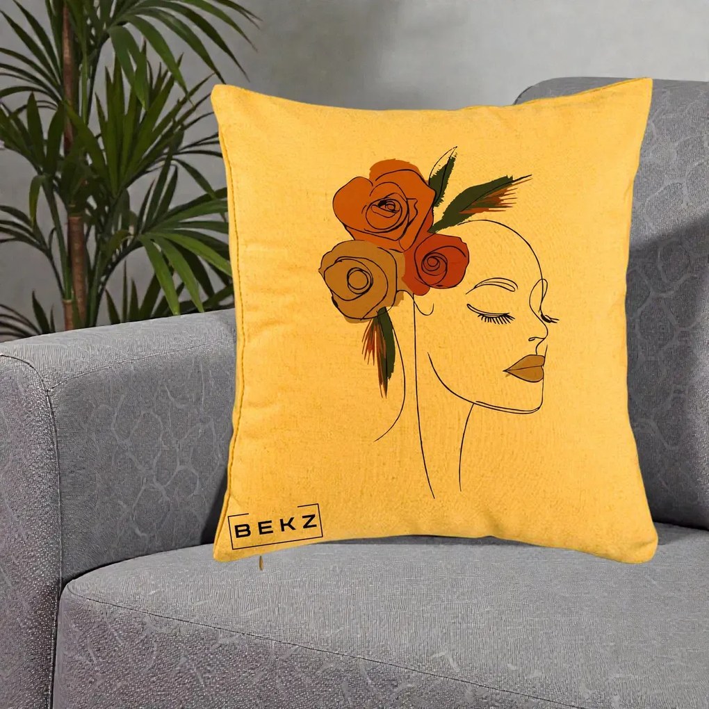 Perna Decorativa Portret Feminin Trandafiri Ruginii, 40x40 cm, Galben, Husa Detasabila, Perna Inclusa, BEKZ®