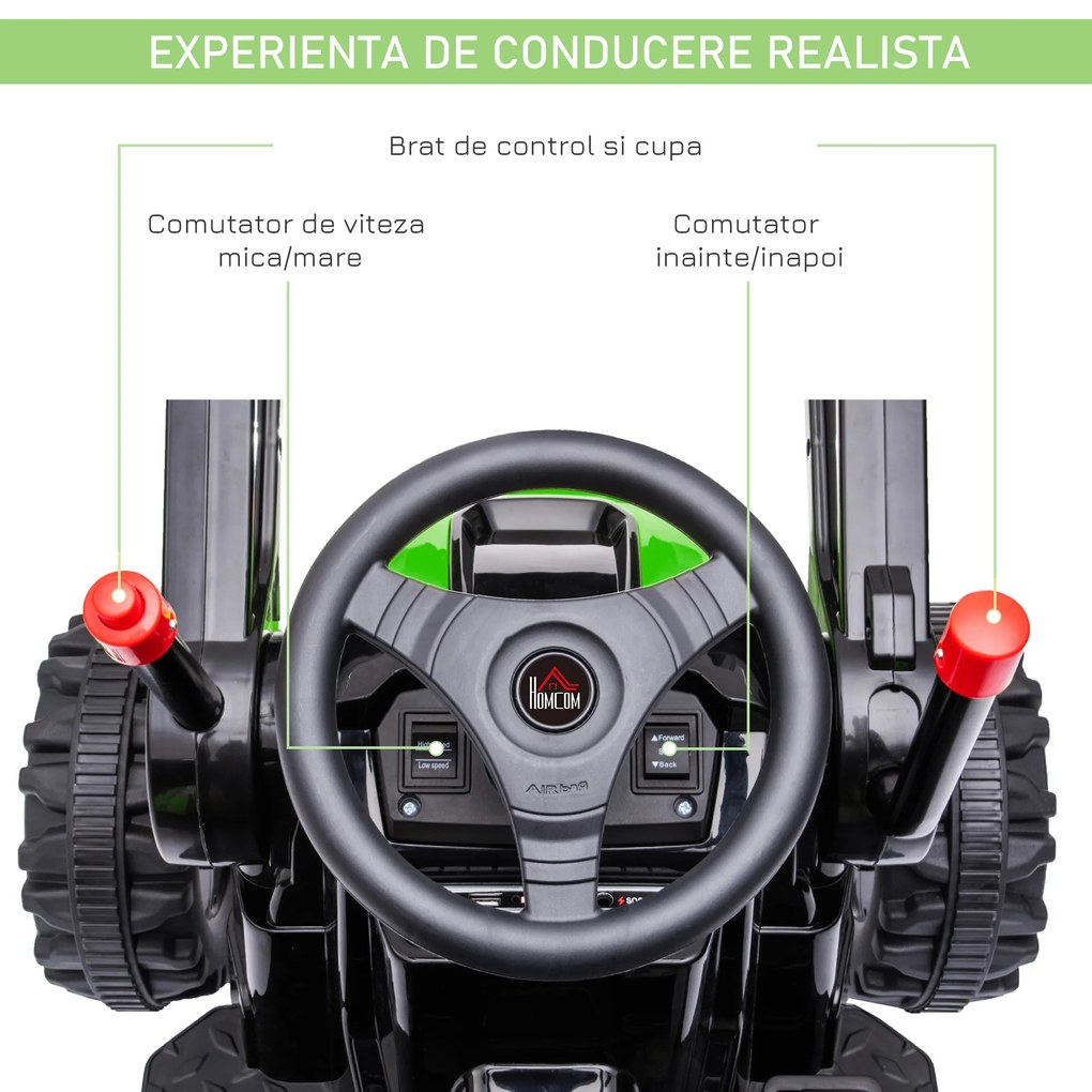 HOMCOM Buldozer Jucarie pentru Copii 3-5 Ani cu Baterie 6V, cu Sunete si Lumini, Viteza 1.5-2.5 km/h, 132x62x65 cm, Verde | Aosom Romania
