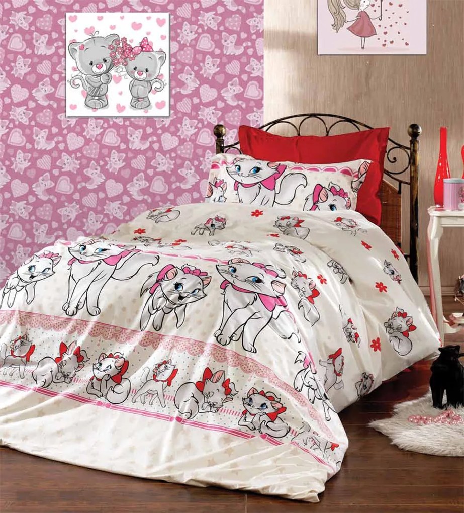 Lenjerie de pat copii Pisica Marie crem /160x200 cm dimensiune standard