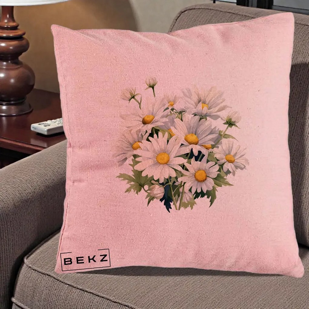 Perna Decorativa Buchet Margarete Albe Acuarela, 40x40 cm, Roz, Husa Detasabila, Perna Inclusa, BEKZ®