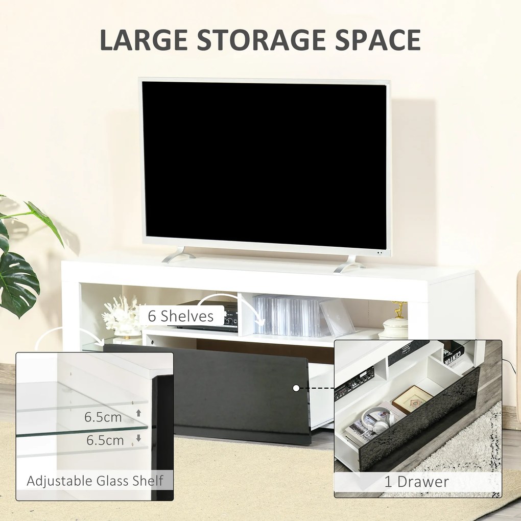 HOMCOM Suport TV cu Iluminare LED Multicoloră și Telecomandă, pentru Televizoare până la 55", Dulapior cu Sertare Lemn Alb Lucios | Aosom Romania