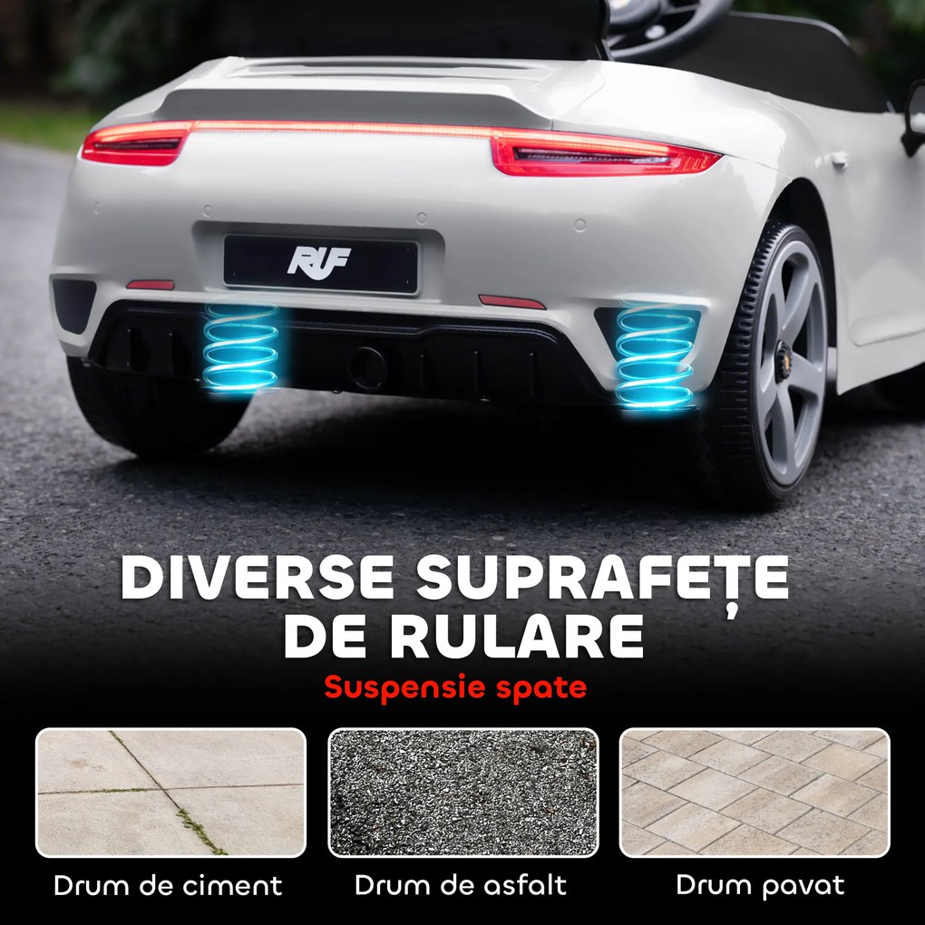 AIYAPLAY Mașină pentru Copii 3-5 Ani cu Licență Oficială RUF GT, Telecomandă, Centură de Siguranță și Muzică, Alb | Aosom Romania