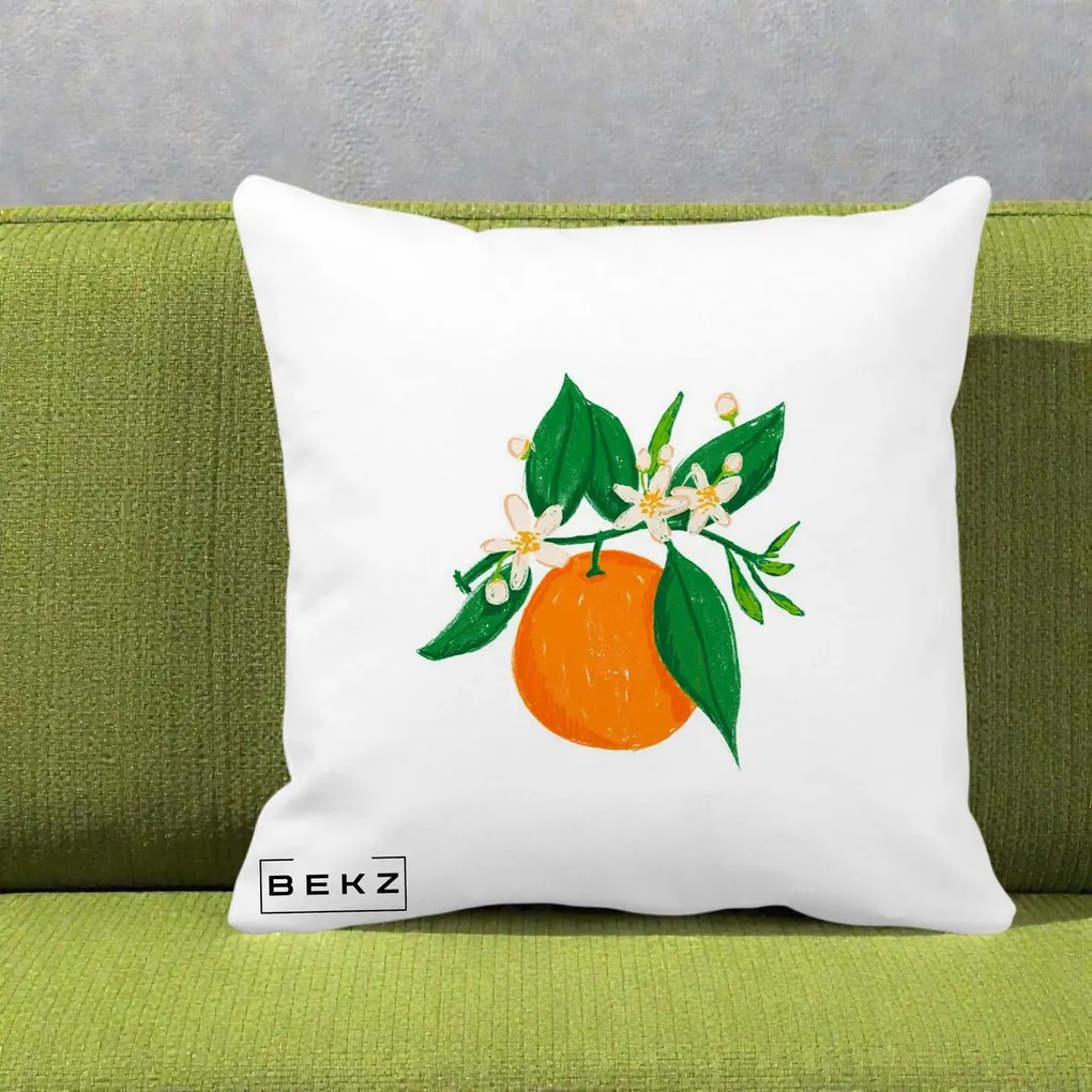 Perna Decorativa Portocala in Floare, 40x40 cm, Alba Mata, Husa Detasabila, Perna Inclusa, BEKZ®