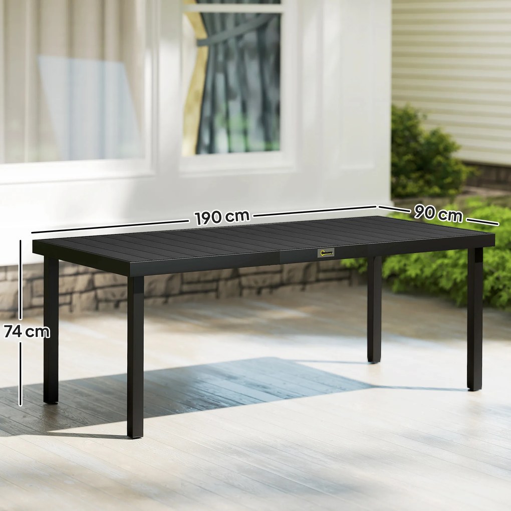 Outsunny Masă de Grădină cu Blat Textură Lemn 190x90 cm pentru 8 Persoane, Masă de Dining de Exterior Dreptunghiulară din Aluminiu și Plastic, pentru Terasă, Balcon, Negru | Aosom Romania