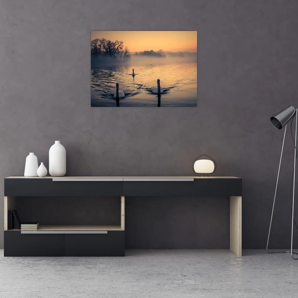 Tablou cu lebăde pe apă în ceață (70x50 cm)