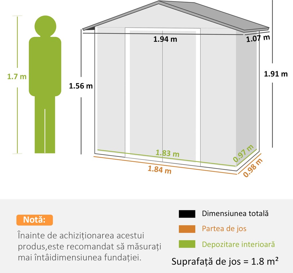 Outsunny Căsuță de Grădină, Magazie pentru Unelte, Oțel, 194x107x191 cm, Gri | Aosom Romania