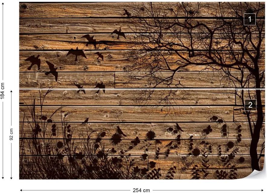 GLIX Fototapet - Rustic Birds And Tree Silhouette Wood Plank Texture Vliesová tapeta  - 254x184 cm