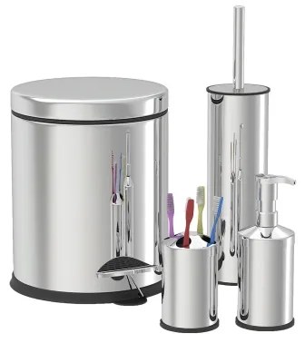 Set de baie Zilan ZLN4605 4 in 1 din inox cu cos menajer de 3 litri, perie WC, suport sapun lichid, suport periute de dinti