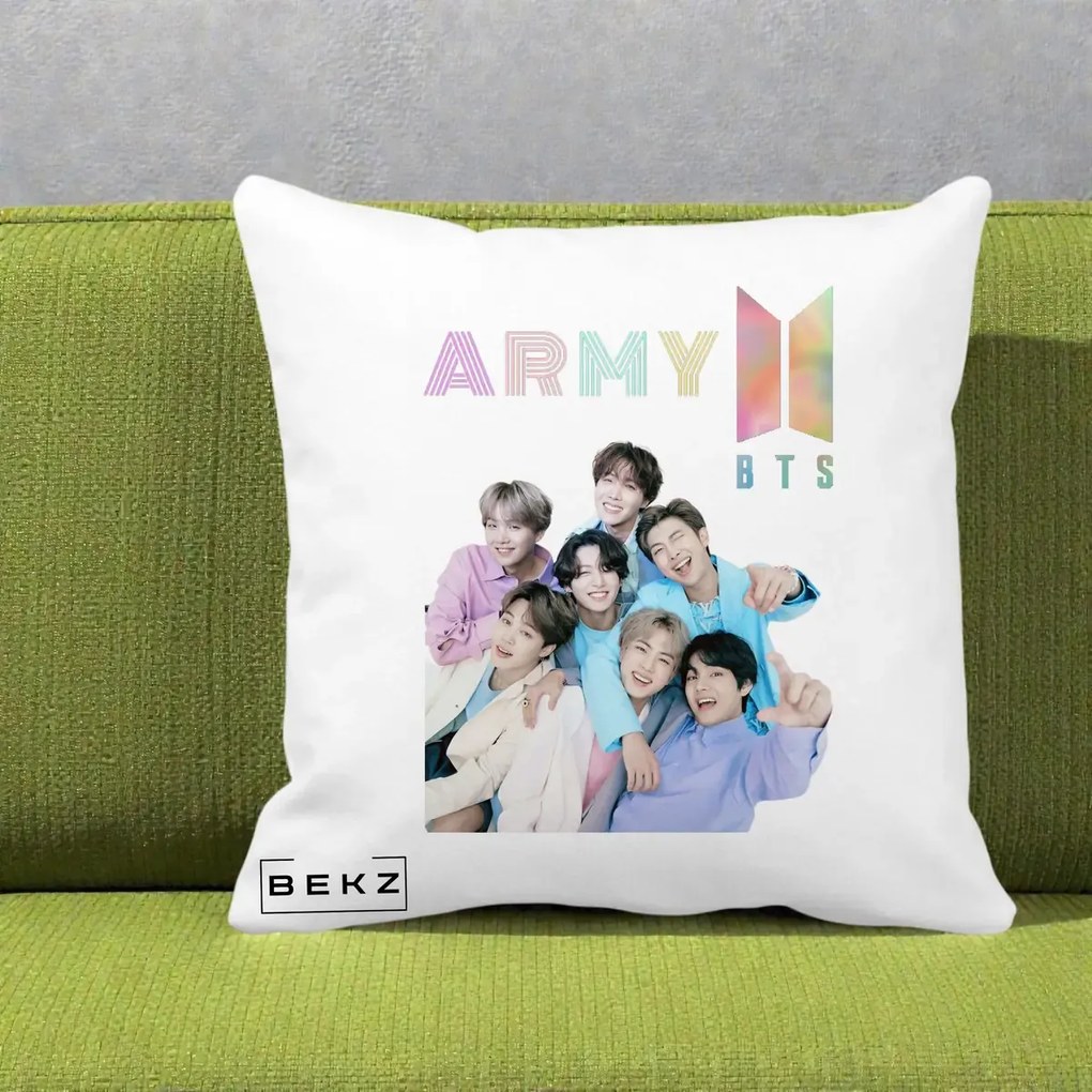 Perna Personalizata K-pop BTS ARMY Fotografie Grup Veseli, 40x40 cm, Alba Mata, Husa Detasabila, Perna Inclusa, BEKZ®