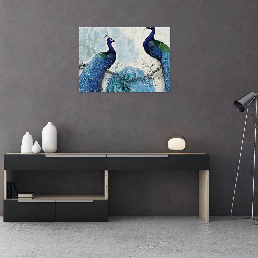 Tablou pe sticlă - Peacocks cu texturi (70x50 cm)