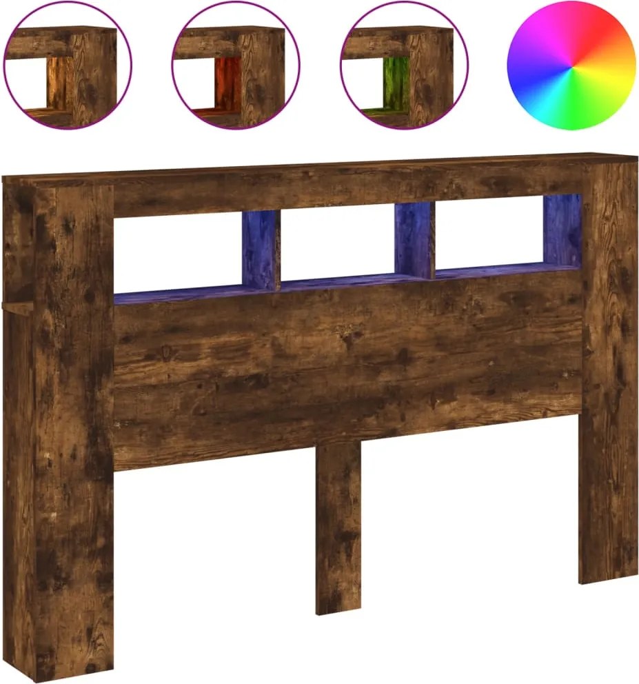 vidaXL Tăblie de pat cu LED, stejar fumuriu, 160x18,5x103,5 cm, lemn