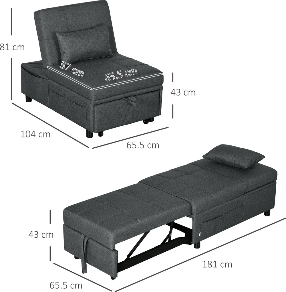HOMCOM Fotoliu convertibil 1 loc fotoliu-pat cu spătar reglabil, șezut căptușit și pernă, gri | Aosom Romania