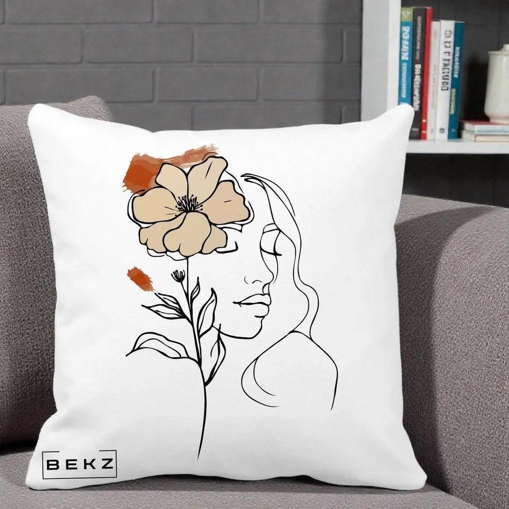 Perna Decorativa Portret Feminin Floare Bej Terracotta, 40x40 cm, Alba Mata, Husa Detasabila, Perna Inclusa, BEKZ®