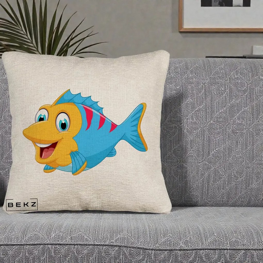Perna Decorativa Peste Vesel Cartoon, 40x40 cm, Bej Canapea, Husa Detasabila, Perna Inclusa, BEKZ®