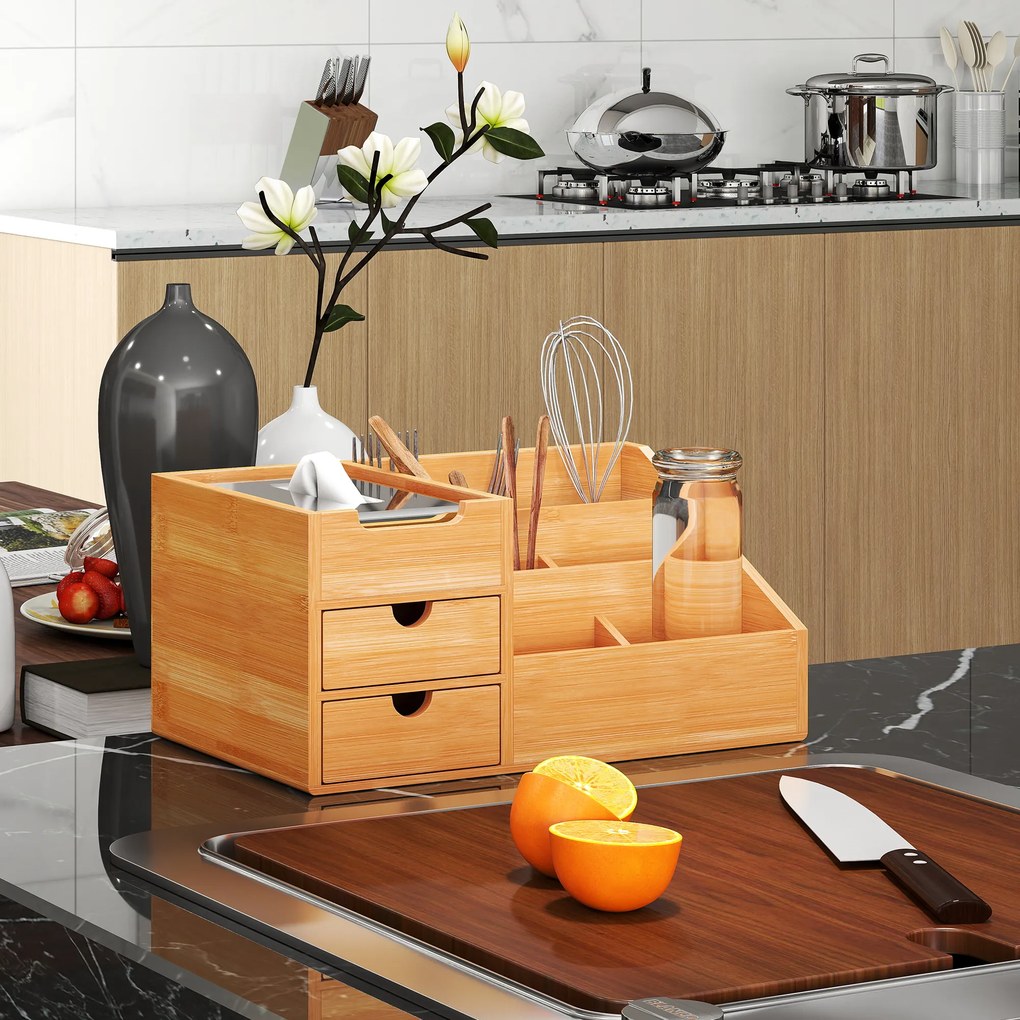 HOMCOM Organizator Birou cu 2 Sertare și 7 Compartimente din Bambus 33x20.5x15.5 cm | Aosom Romania