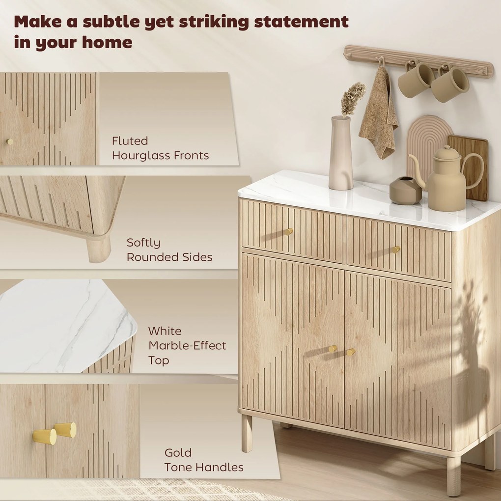 HOMCOM Comodă de Bucătărie cu 2 Sertare, Dulap și Blat cu Efect de Marmură Stejar | Aosom Romania