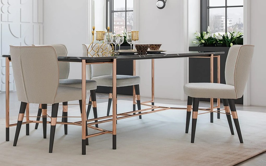 Masă lemn masiv Dining Negru-Rose Gold L 240 x A 95 x H 75 cm - Marmura naturala
