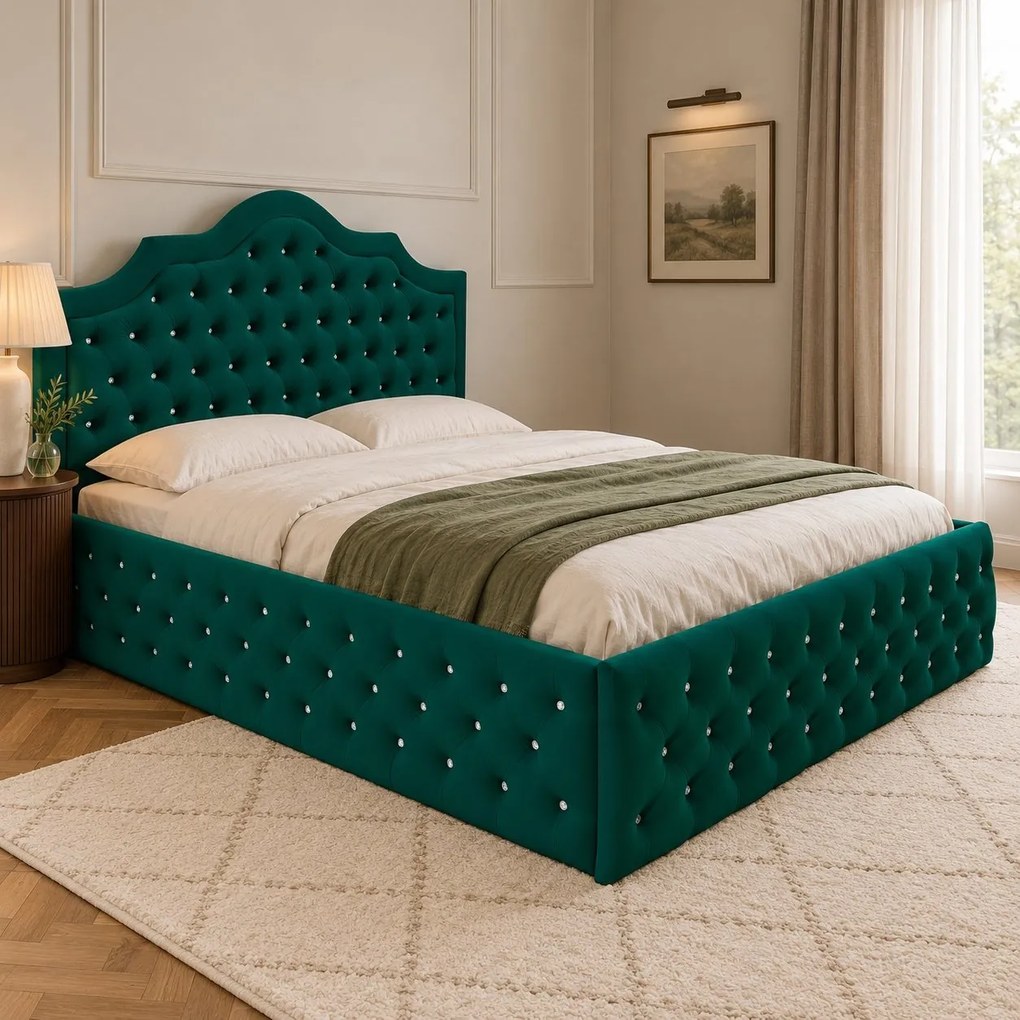 Pat tapițat Chesterfield din catifea Imperio Deluxe 160×200 cm, verde, cu ladă de depozitare