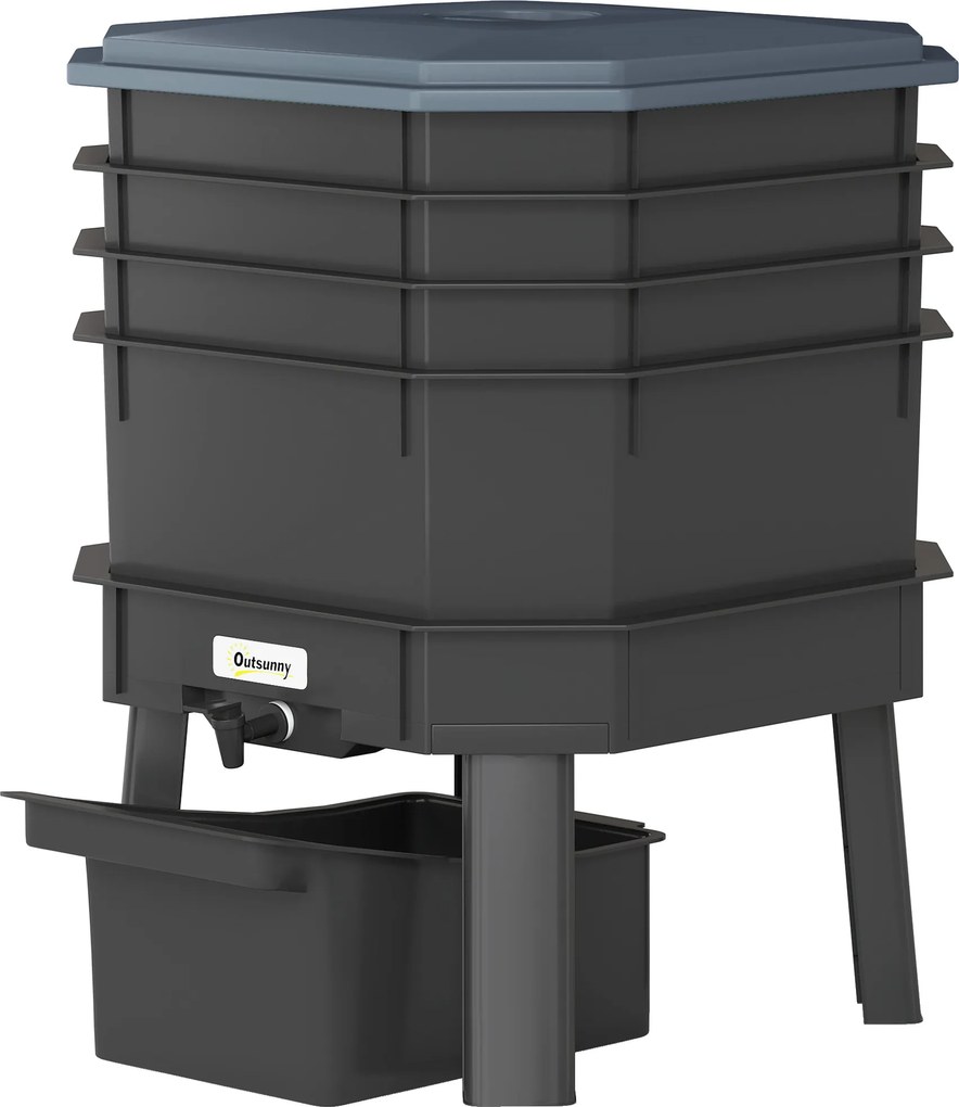 Outsunny Compostor 28 litri, 39 x 39 x 51,5 cm Compostor rapid cu tăvi, rezistent la intemperii, compostor termic Gri închis | Aosom Romania