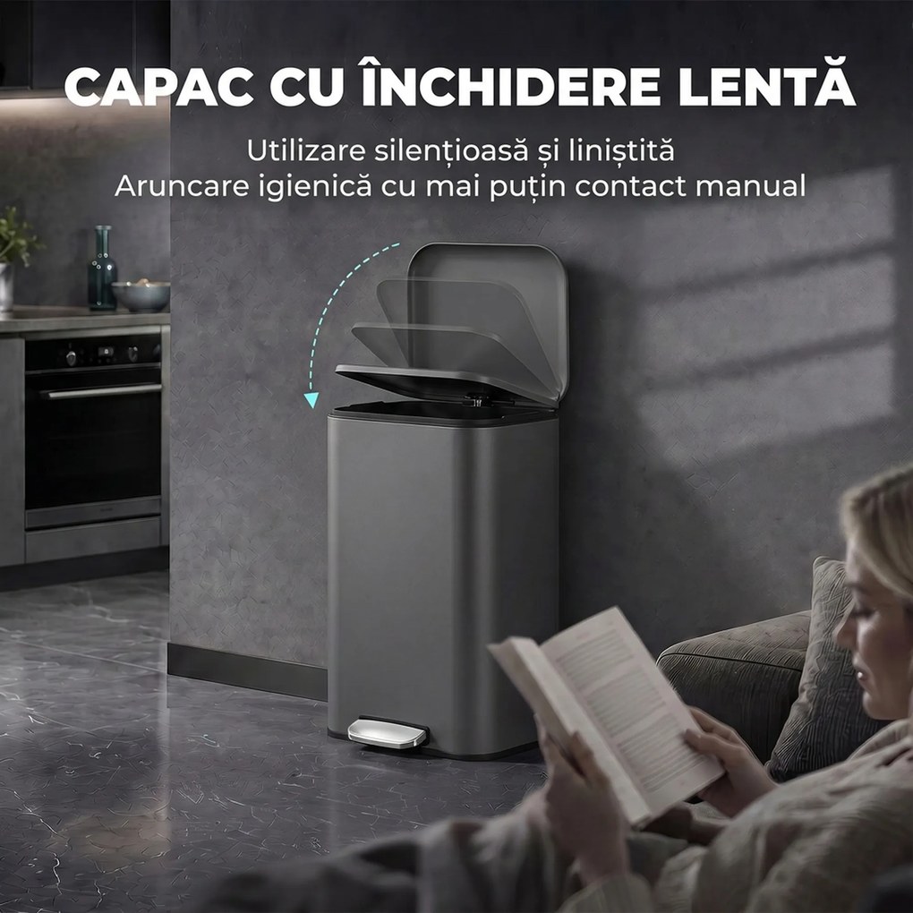 HOMCOM Coș de gunoi dreptunghiular cu pedală 30L, cu găleată interioară detașabilă, închidere silențioasă, mâner, gri închis | Aosom Romania