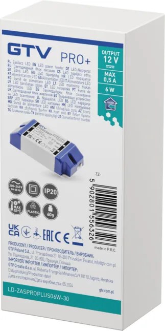 Transformator Pro+ GTV pentru bandă LED, 6W, 12V, IP20 Plastic, 6 W, 12 V