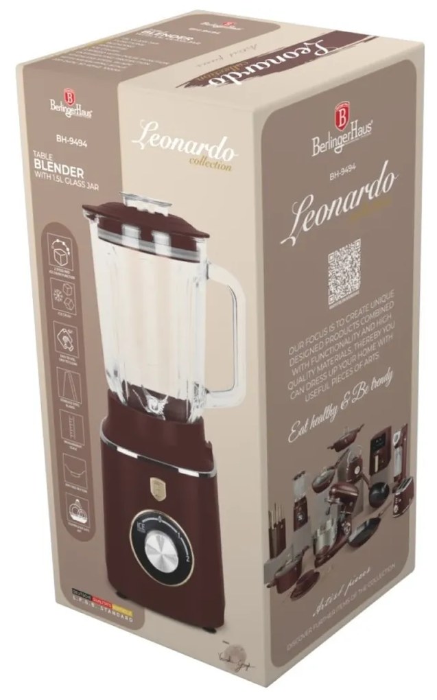 Blender de masa cu borcan de sticla de 1,5 L, BH 9494 Leonardo Collection Berlinger Haus 1000W, functie zdrobire gheata