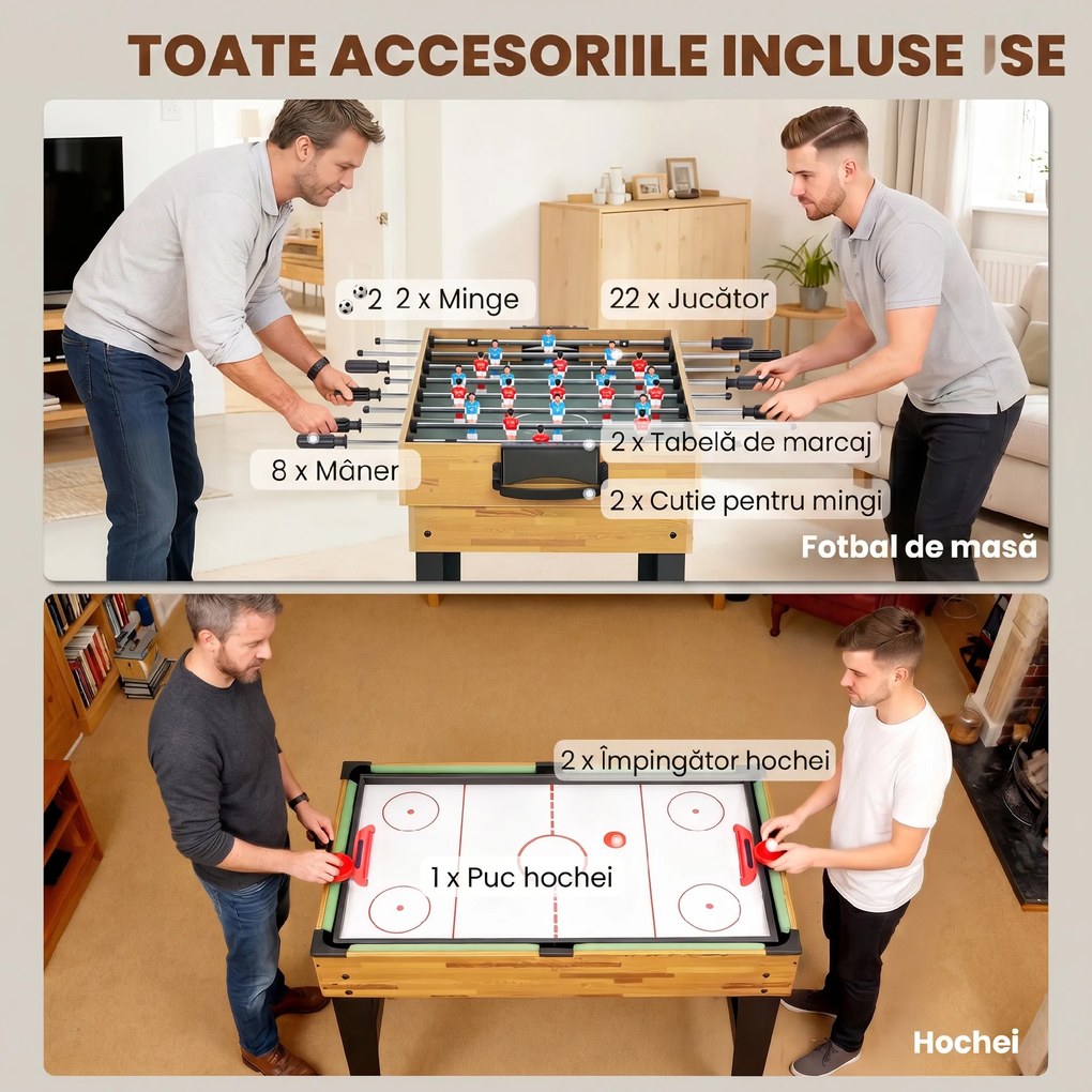 SPORTNOW Masă de Jocuri 13 în 1 cu Fotbal de Masă, Ping Pong, Air Hockey, Biliard, Șah și Altele, Culoare Nuc | Aosom Romania
